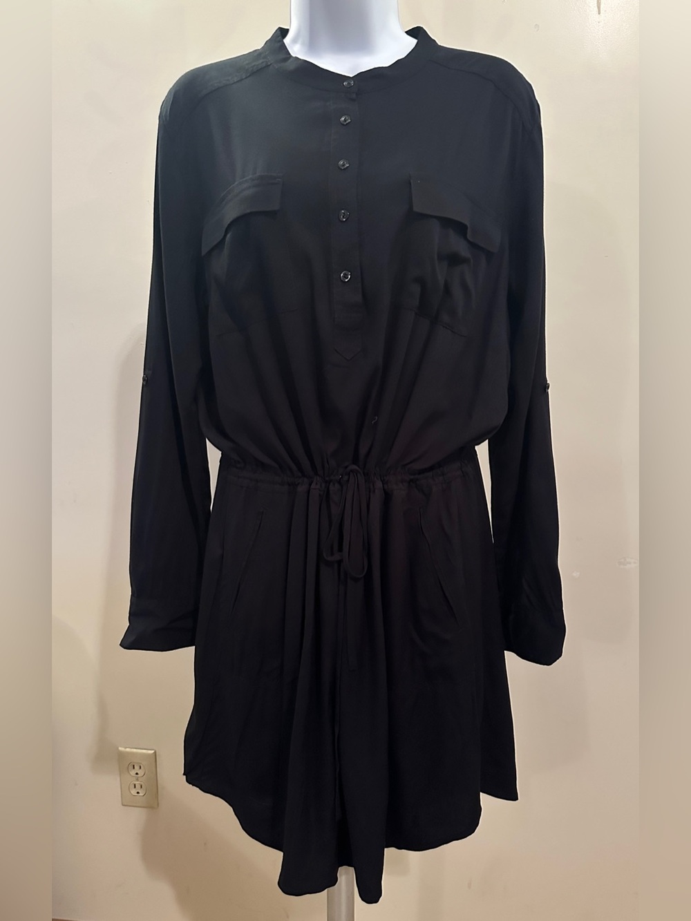 Lou & Grey Black Long Sleeve Drawstring Shirt Dress